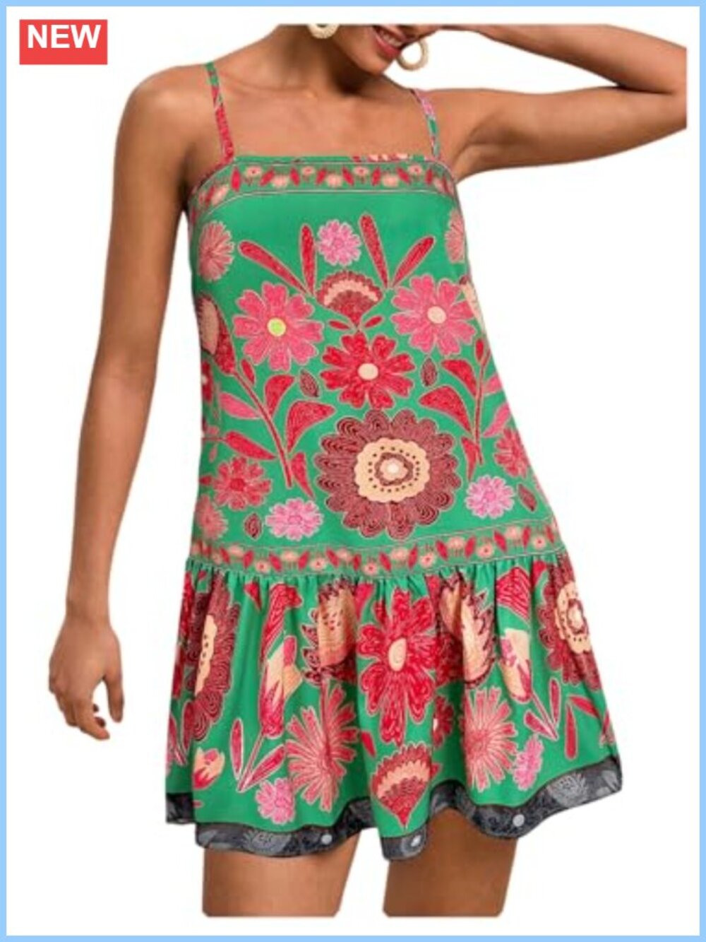 Women's Floral Boho Flowy Mini Cami Dress Ruffle Hem Tank Dress